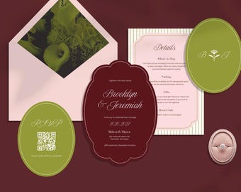 Luxury Arch Wedding Invitation Template with QR RSVP | Burgundy Round Invitation Suite | Editable Canva
