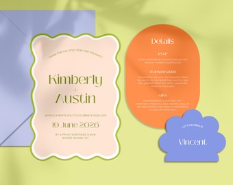 Modern Wave Wedding Invitation Template: Boho Arch Round Design (Editable Canva)