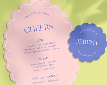 Scalloped Wedding Menu Template: Flower Oval Round Design. Instant Download Printable Card.