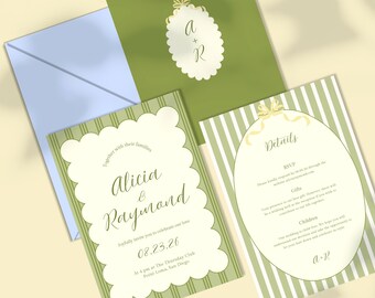 Green Stripe Wedding Invitation Suite: Scallop Save The Date Whimsical Design (Editable Canva)