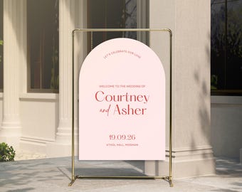 Arch Wedding Welcome Sign Template: Pink Half Round Event Decor (Editable Canva Design)