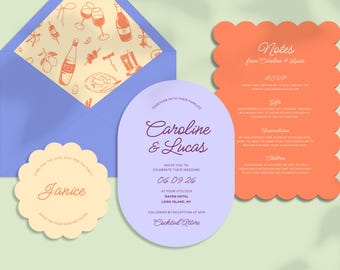 Arch Scallop Wedding Invitation Template: Modern Boho Oval Floral Design (Editable Canva Download)