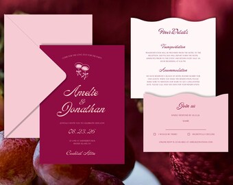 Elegant Wave Wedding Invitation Template: Burgundy Luxury Old Money Design (Editable Canva)