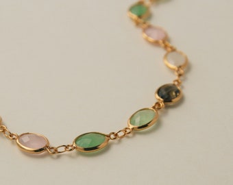 Exquisito corte colorido collar de cristal pulsera conjunto 18k chapado en oro joya conjunto de joyas regalo para su conjunto de joyas blanco rosa verde marrón cristal