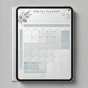 May include: A digital planner app on a tablet screen with a floral design. The app features a calendar with the month of July, a to-do list, and a notes section. The app is designed to help users stay organized and on track with their goals.