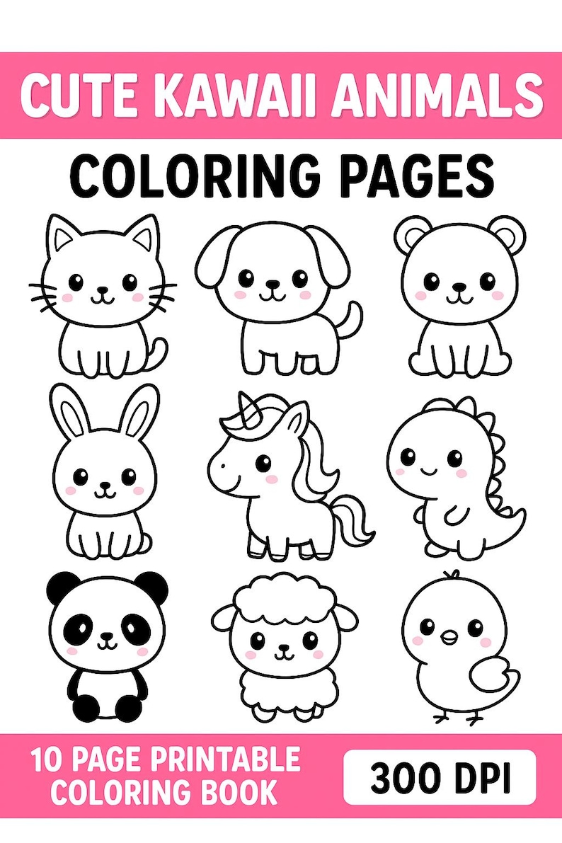 Cute Kawaii Animals Coloring Pages for Kids 10 Page Printable Coloring ...