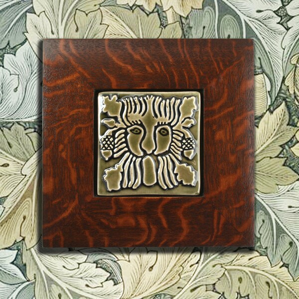 Bungalow Mission Craftsman Home  - Wall Decor - Oak framed Medieval Lion - Handmade ceramic tile for your home