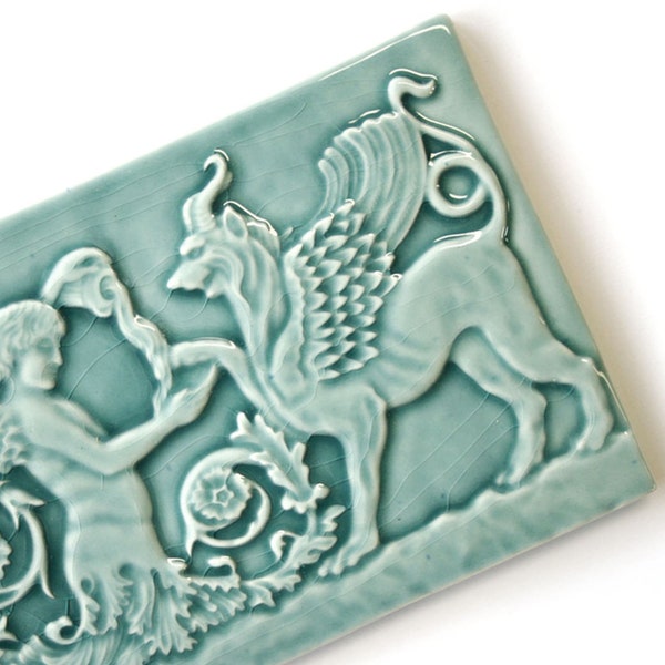 Romanesque Angel and Gryphon - mythical creatures - turquoise - handmade ceramic tile - home decor