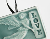 Angel holding LOVE - handmade tile ornament - turquoise - aquamarine - gift tag