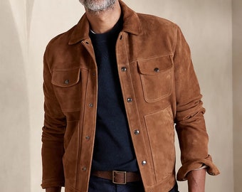 Men's Brown Suede leather Trucker Jacket Shirts Vintage Classic Biker Shirts Jackets Hand Made Stylish Premium Quality Gift for Men