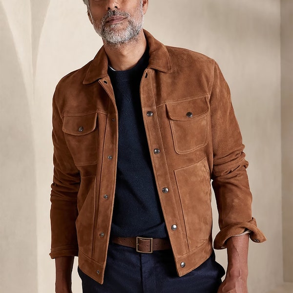 Veste camionneur homme en daim marron, chemises vintage, chemises motard classiques, vestes fabriquées à la main, cadeau élégant de qualité supérieure pour homme