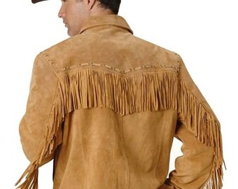 Men's Western Cowboy Style Suede Leather Jacket With Fringes American Style Brown Suede Leather Handmade Gift for Men