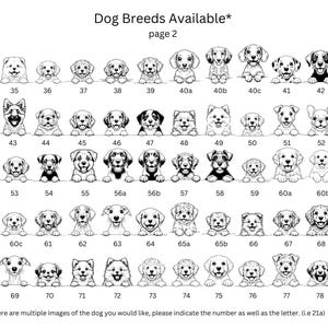 May include: Black and white line drawings of various dog breeds, numbered 35 through 78. The image is labeled "Dog Breeds Available* page 2".