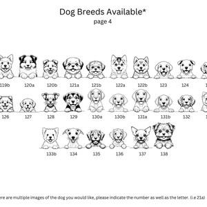 May include: Black and white line drawings of various dog breeds, numbered 119b through 138.  The image is labeled "Dog Breeds Available*" and "page 4".  *If there are multiple images of the dog you would like, please indicate the number as well as the letter. (i.e 21a)