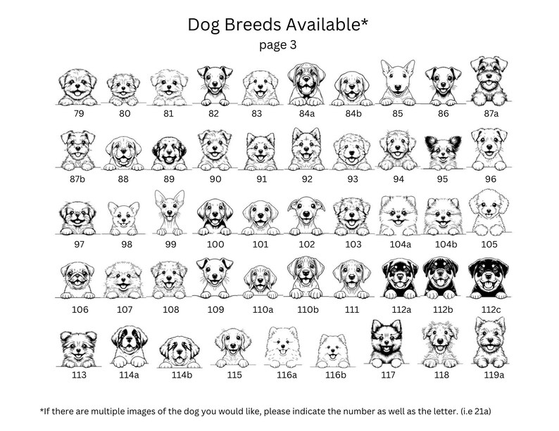 May include: Black and white line drawings of various dog breeds, numbered 79 to 119a. The image is labeled "Dog Breeds Available* page 3".