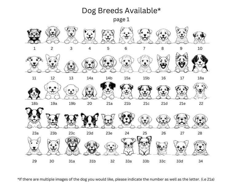 May include: Black and white line drawings of various dog breeds, numbered 1 through 34. The text "Dog Breeds Available*" and "page 1" is at the top of the image. The text "*If there are multiple images of the dog you would like, please indicate the number as well as the letter. (i.e 21a)" is at the bottom of the image.