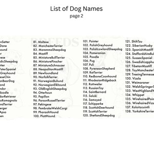 May include: A list of dog breeds, numbered 61 through 138, with the names of each breed listed next to the number. The list is titled "List of Dog Names" and "page 2".