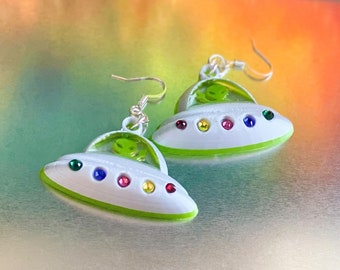 3d printed UFO earrings with green alien waving in silver UFO with multicolored crystal lights with silver plated hypoallergenic earwires