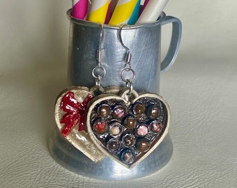 Heart chocolate box earrings/valentine hearts with silver hooks