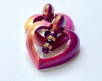 Iridescent fuchsia heart earrings in a doorknocker style with purple faceted glass beads and crystal roundels custom 3d printed