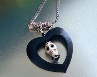 Heart pendant with skull on silver bail and silver plated stainless steel chain Gothic style gifts