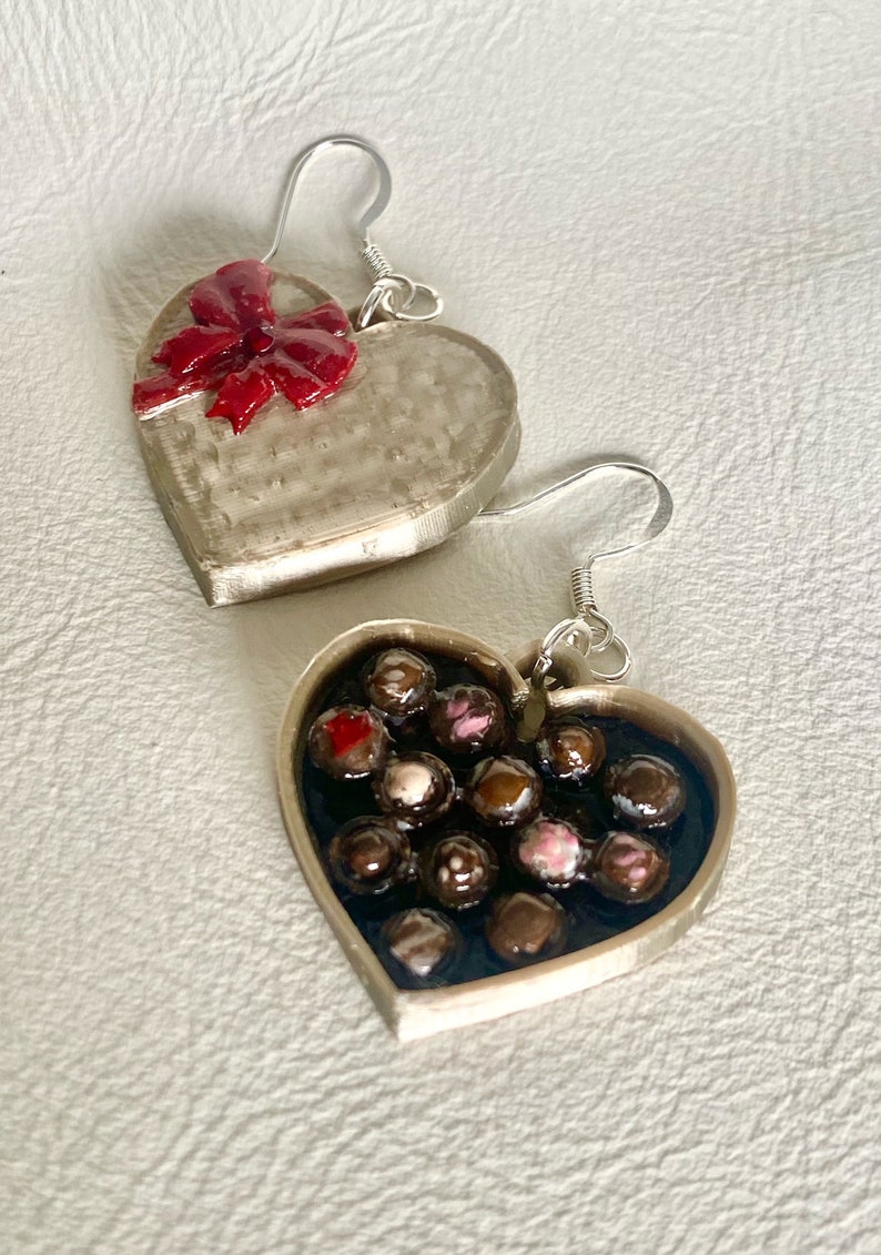 Heart chocolate box earrings/valentine hearts with silver hooks image 5