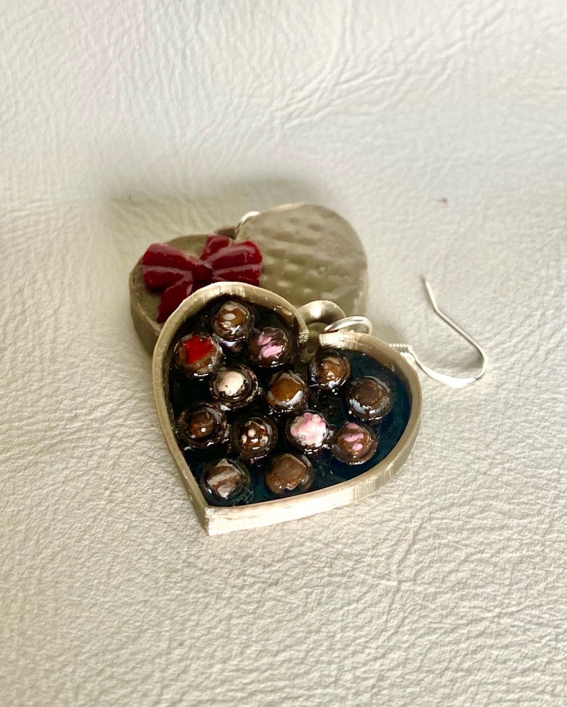 Heart chocolate box earrings/valentine hearts with silver hooks image 4