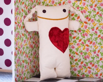 Monsieur Tsé-Tsé Doll, Handmade organic cotton plush with red velour heart, soft and cuddly unisex sleep companion