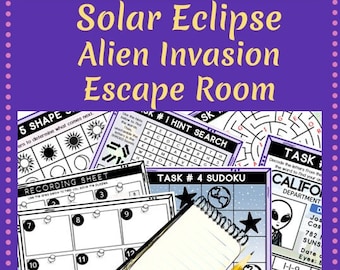 Solar Eclipse Alien Invasion Escape Room for kids, science students, family game night, printable party game with puzzles and QR code check