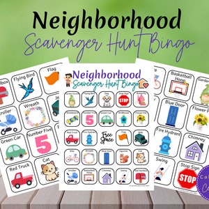 Bingo de búsqueda del tesoro del vecindario, juego de búsqueda del tesoro imprimible para niños, paseo familiar, actividad en automóvil Roadtrip, tarjetas didácticas, descarga instantánea