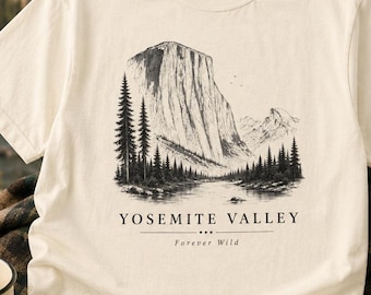 Maglietta della Yosemite Valley, maglietta vintage con grafica del Parco Nazionale, maglietta con montagne della California, maglietta per attività all'aperto a tema natura.