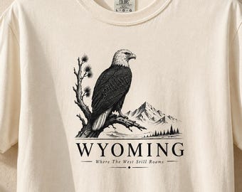 Maglietta del Wyoming, maglietta con grafica dell'aquila calva, maglietta vintage da montagna, maglietta western con animali selvatici.