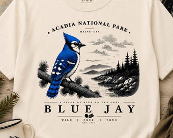 Maglietta Acadia National Park Blue Jay, maglietta vintage da escursionismo naturalistico, colori comodi