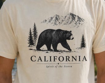 Maglietta con orso della California, maglietta vintage con grafica naturalistica, maglietta della Sierra Nevada, maglietta per escursioni nella natura.