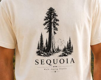 Maglietta vintage con albero gigante del Parco Nazionale di Sequoia, maglietta da escursionismo nella foresta della California