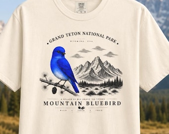 Maglietta con stampa "Mountain Bluebird", maglietta con tema fauna selvatica del Parco Nazionale di Grand Teton.