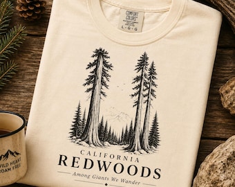 Maglietta con le sequoie della California, maglietta vintage con grafica forestale, maglietta del Parco Nazionale delle Sequoie, maglietta per attività all'aperto a tema natura.