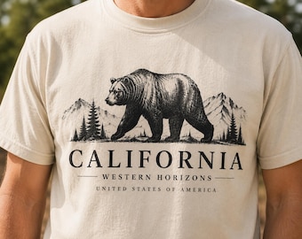 T-shirt vintage con grafica dell'orso della California, maglietta a tema natura selvaggia