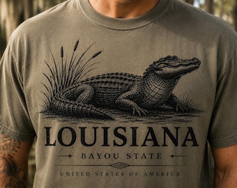 T-shirt con grafica di alligatore, abbigliamento vintage Louisiana Bayou, maglietta Comfort Colors