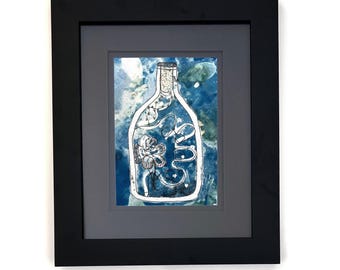Framed Cyanotype Drawing, Original Artwork, OOAK, Waiting Bottle Series