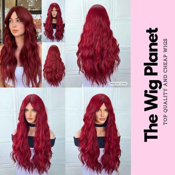 Red Wig With Bangs, Long Red Wigs for Women, 32 Inches Curly Wavy Hair, Natural Looking Heat Resistant Fiber Wig, Burgundy Wine Red Wig
