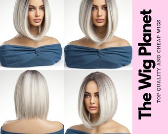 Short Straight Bob Wigs Brown To White, Ombre Wig Shoulder Length Synthetic Hair, Replacement Wigs For Women, Blonde Ombre Wig, Gift Her