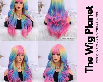 Rainbow Long Wavy Curly Wig With Bangs, 24 Inch Stylish Woman Wigs, Long Curly Multi-color Rainbow Synthetic Cosplay Wig, Gift For Her