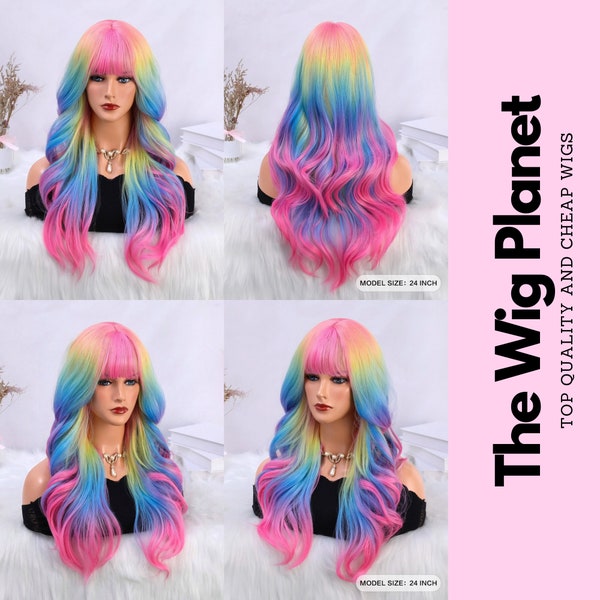 Rainbow Long Wavy Curly Wig With Bangs, 24 Inch Stylish Woman Wigs, Long Curly Multi-color Rainbow Synthetic Cosplay Wig, Gift For Her