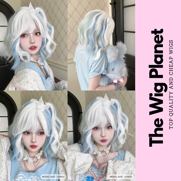 Woman Blue White Two Tone Ombre Short Layers Hair Cosplay Anime Wig, White Ombre Short Wavy Wigs, Ombre Blue Wig, Daily Party Cosplay Wigs