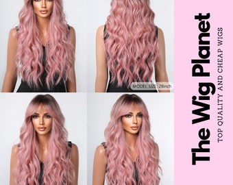 Long Straight Hair 26 inch Multicolour Pink Long Curly Synthetic Wig With Bangs Women Woven Wigs, Ombre Pink Wig, Wigs For Women