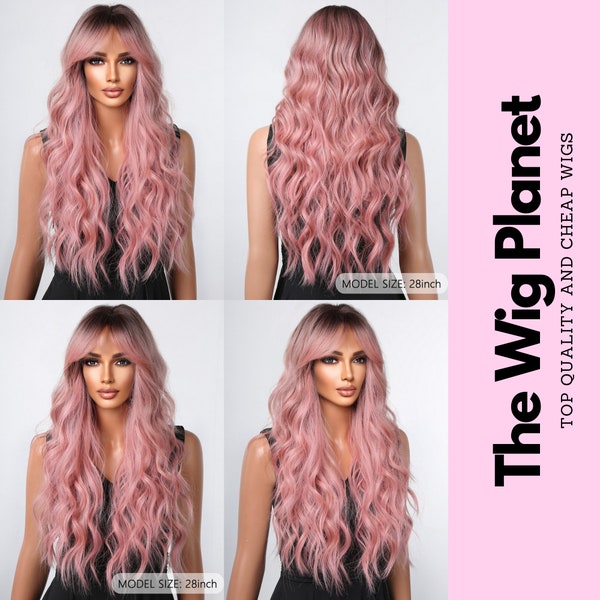 Long Straight Hair 26 inch Multicolour Pink Long Curly Synthetic Wig With Bangs Women Woven Wigs, Ombre Pink Wig, Wigs For Women