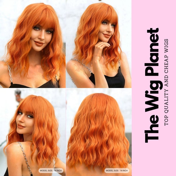 Orange Wig Short Curly Wigs with Bangs, Synthetic Heat Resistant Wig for Women, Short Curly Synthetic Orange Wig, Costume Wigs, Orange Wigs