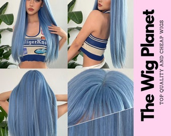 Women's 26 Inch Blue Long Straight Synthetic Wig With Bangs For Women, Straight Synthetic Wig, Cosplay Wig, Naturel Wig, Women for Gifts