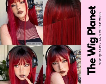 Multi-Color 22 Inch Long Straight Synthetic Wigs Women, Long Straight Wig, Red Wig With Bangs, Cosplay Party Wig, Woman Wig, Woman Gifts